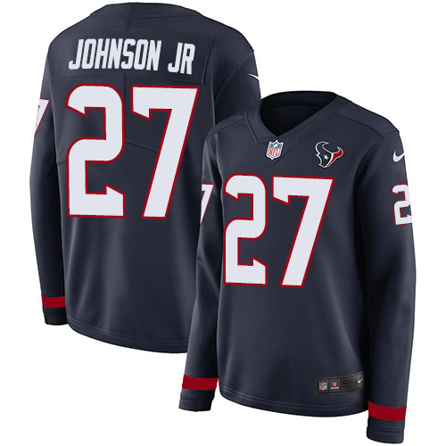 Nike Texans #27 Duke Johnson Jr Navy Blue Team Color Women's Stitched NFL Limited Therma Long Sleeve Jersey