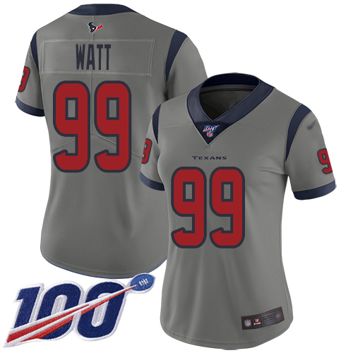 Nike Texans #99 J.J. Watt Gray Women's Stitched NFL Limited Inverted Legend 100th Season Jersey