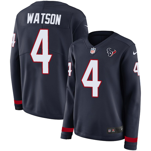 Nike Texans #4 Deshaun Watson Navy Blue Team Color Women's Stitched NFL Limited Therma Long Sleeve Jersey