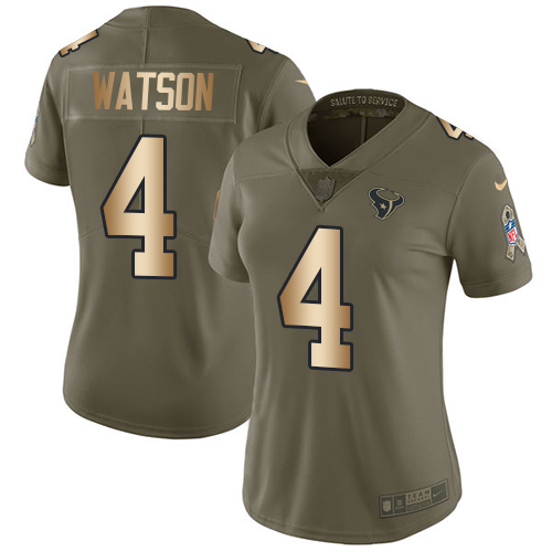 Nike Texans #4 Deshaun Watson Olive/Gold Women's Stitched NFL Limited 2017 Salute to Service Jersey