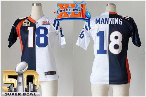 Nike Colts #18 Peyton Manning Blue/White Super Bowl XLI & Super Bowl 50 Women's Stitched NFL Elite Split Broncos Jersey