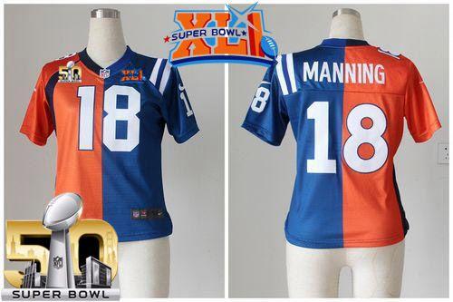 Nike Colts #18 Peyton Manning Orange/Blue Super Bowl XLI & Super Bowl 50 Women's Stitched NFL Elite Split Broncos Jersey