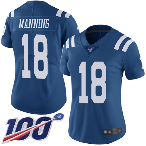 Nike Colts #18 Peyton Manning Royal Blue Women's Stitched NFL Limited Rush 100th Season Jersey