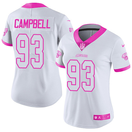 Nike Jaguars #93 Calais Campbell White/Pink Women's Stitched NFL Limited Rush Fashion Jersey
