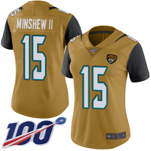 Nike Jaguars #15 Gardner Minshew II Gold Women's Stitched NFL Limited Rush 100th Season Jersey