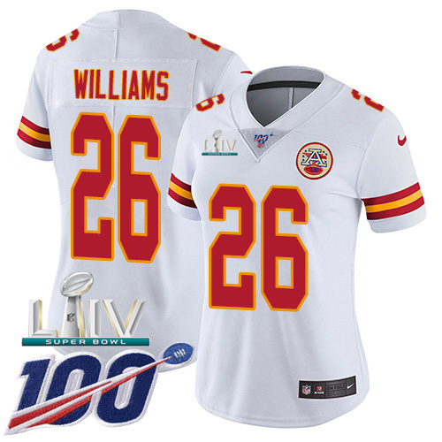 Nike Chiefs #26 Damien Williams White Super Bowl LIV 2020 Women's Stitched NFL 100th Season Vapor Untouchable Limited Jersey