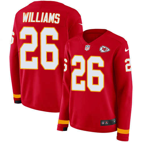 Nike Chiefs #26 Damien Williams Red Team Color Women's Stitched NFL Limited Therma Long Sleeve Jersey