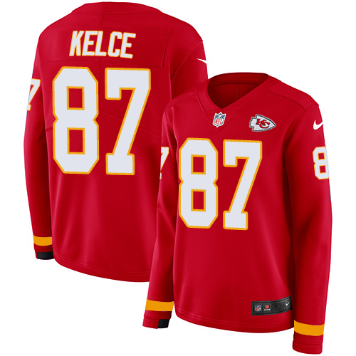 Nike Chiefs #87 Travis Kelce Red Team Color Women's Stitched NFL Limited Therma Long Sleeve Jersey