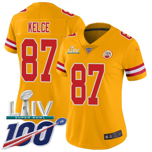Nike Chiefs #87 Travis Kelce Gold Super Bowl LIV 2020 Women's Stitched NFL Limited Inverted Legend 100th Season Jersey