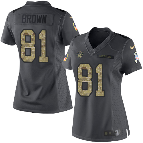 Nike Raiders #81 Tim Brown Black Women's Stitched NFL Limited 2016 Salute to Service Jersey