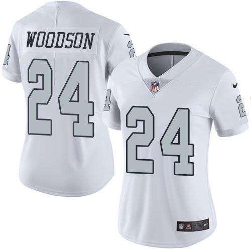 Nike Raiders #24 Charles Woodson White Women's Stitched NFL Limited Rush Jersey