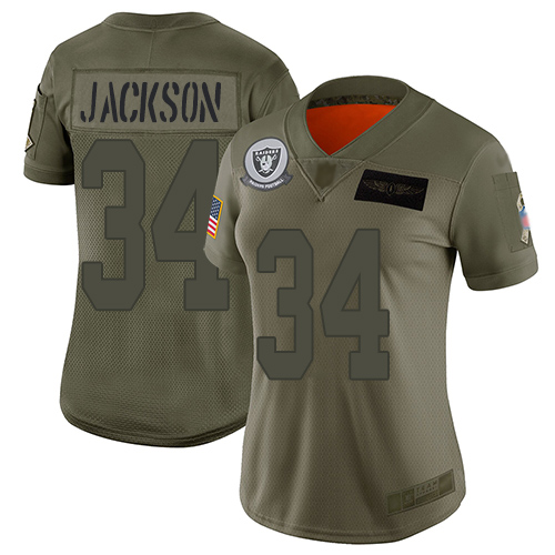Nike Raiders #34 Bo Jackson Camo Women's Stitched NFL Limited 2019 Salute to Service Jersey
