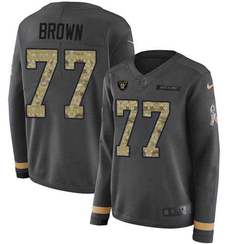 Nike Raiders #77 Trent Brown Anthracite Salute to Service Women's Stitched NFL Limited Therma Long Sleeve Jersey