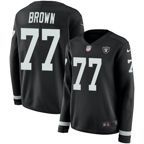 Nike Raiders #77 Trent Brown Black Team Color Women's Stitched NFL Limited Therma Long Sleeve Jersey