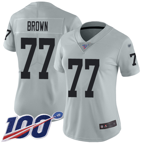 Nike Raiders #77 Trent Brown Silver Women's Stitched NFL Limited Inverted Legend 100th Season Jersey