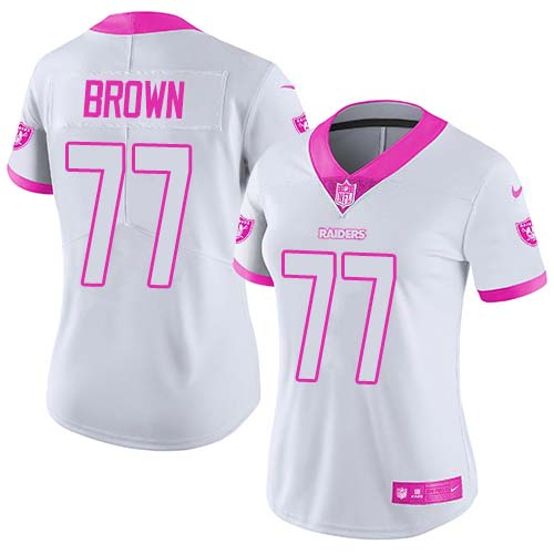 Nike Raiders #77 Trent Brown White/Pink Women's Stitched NFL Limited Rush Fashion Jersey