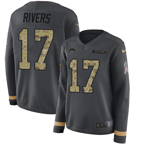 Nike Chargers #17 Philip Rivers Anthracite Salute to Service Women's Stitched NFL Limited Therma Long Sleeve Jersey
