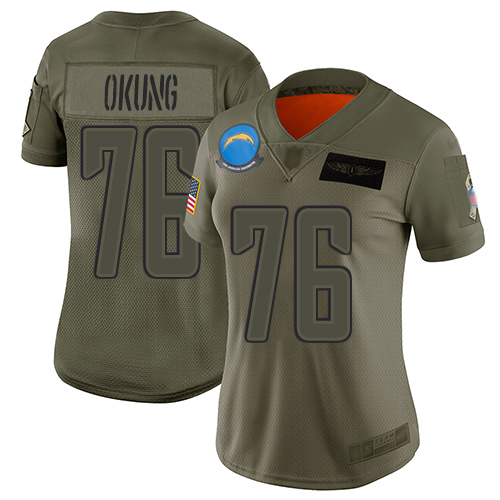Nike Chargers #76 Russell Okung Camo Women's Stitched NFL Limited 2019 Salute to Service Jersey