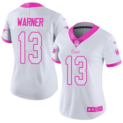 Nike Rams #13 Kurt Warner White/Pink Women's Stitched NFL Limited Rush Fashion Jersey