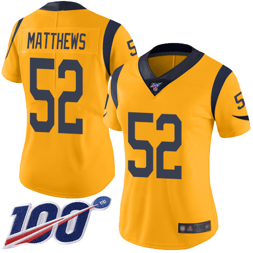 Nike Rams #52 Clay Matthews Gold Women's Stitched NFL Limited Rush 100th Season Jersey