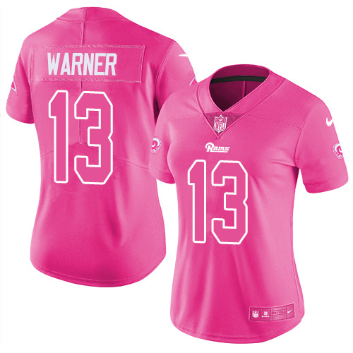 Nike Rams #13 Kurt Warner Pink Women's Stitched NFL Limited Rush Fashion Jersey