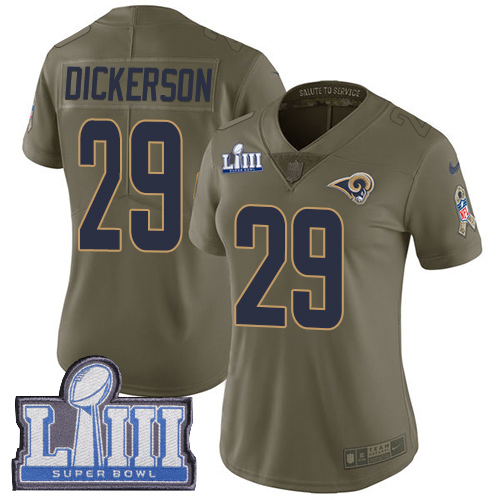 Nike Rams #29 Eric Dickerson Olive Super Bowl LIII Bound Women's Stitched NFL Limited 2017 Salute to Service Jersey