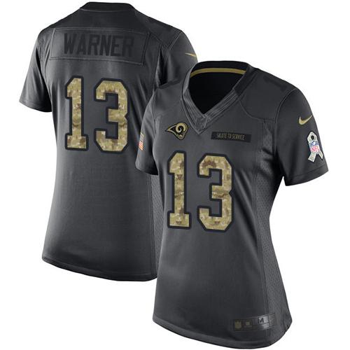 Nike Rams #13 Kurt Warner Black Women's Stitched NFL Limited 2016 Salute to Service Jersey