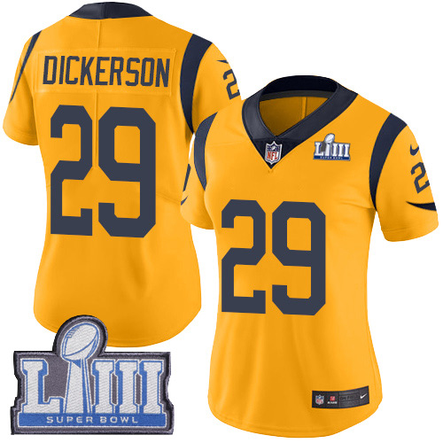 Nike Rams #29 Eric Dickerson Gold Super Bowl LIII Bound Women's Stitched NFL Limited Rush Jersey