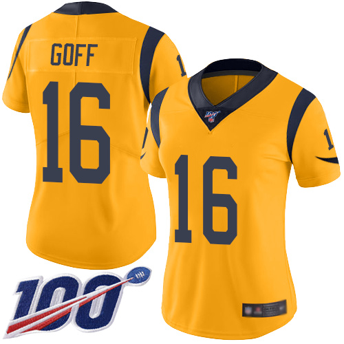 Nike Rams #16 Jared Goff Gold Women's Stitched NFL Limited Rush 100th Season Jersey
