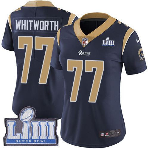 Nike Rams #77 Andrew Whitworth Navy Blue Team Color Super Bowl LIII Bound Women's Stitched NFL Vapor Untouchable Limited Jersey