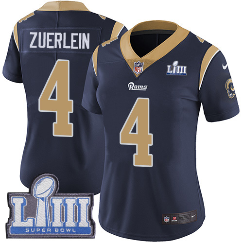 Nike Rams #4 Greg Zuerlein Navy Blue Team Color Super Bowl LIII Bound Women's Stitched NFL Vapor Untouchable Limited Jersey