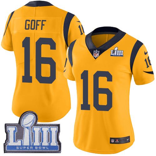 Nike Rams #16 Jared Goff Gold Super Bowl LIII Bound Women's Stitched NFL Limited Rush Jersey