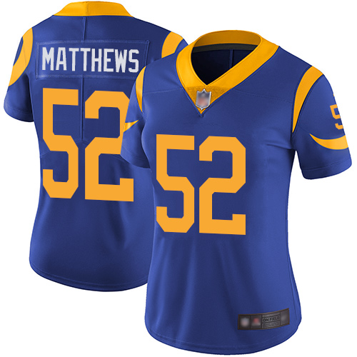 Nike Rams #52 Clay Matthews Royal Blue Alternate Women's Stitched NFL Vapor Untouchable Limited Jersey