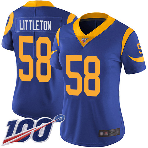 Nike Rams #58 Cory Littleton Royal Blue Alternate Women's Stitched NFL 100th Season Vapor Limited Jersey