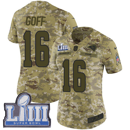 Nike Rams #16 Jared Goff Camo Super Bowl LIII Bound Women's Stitched NFL Limited 2018 Salute to Service Jersey