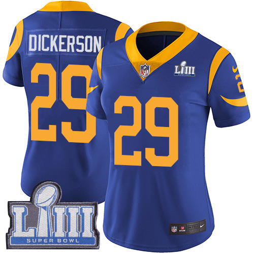 Nike Rams #29 Eric Dickerson Royal Blue Alternate Super Bowl LIII Bound Women's Stitched NFL Vapor Untouchable Limited Jersey