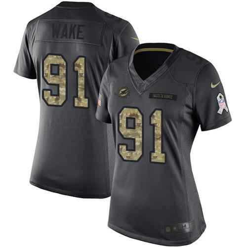 Nike Dolphins #91 Cameron Wake Black Women's Stitched NFL Limited 2016 Salute to Service Jersey