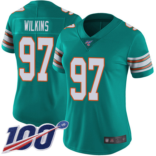 Nike Dolphins #97 Christian Wilkins Aqua Green Alternate Women's Stitched NFL 100th Season Vapor Limited Jersey