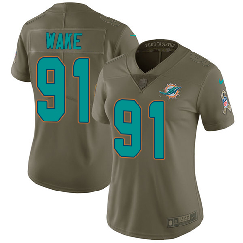 Nike Dolphins #91 Cameron Wake Olive Women's Stitched NFL Limited 2017 Salute to Service Jersey
