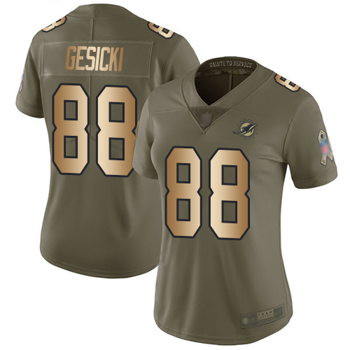 Nike Dolphins #88 Mike Gesicki Olive/Gold Women's Stitched NFL Limited 2017 Salute to Service Jersey