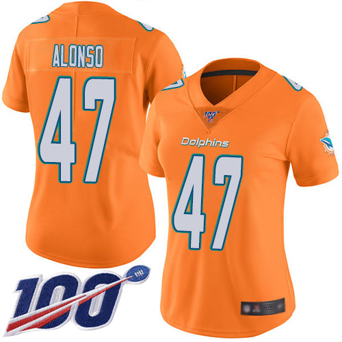 Nike Dolphins #47 Kiko Alonso Orange Women's Stitched NFL Limited Rush 100th Season Jersey