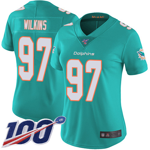 Nike Dolphins #97 Christian Wilkins Aqua Green Team Color Women's Stitched NFL 100th Season Vapor Limited Jersey