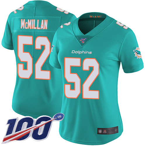 Nike Dolphins #52 Raekwon McMillan Aqua Green Team Color Women's Stitched NFL 100th Season Vapor Limited Jersey