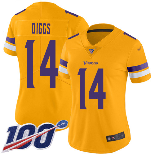 Nike Vikings #14 Stefon Diggs Gold Women's Stitched NFL Limited Inverted Legend 100th Season Jersey