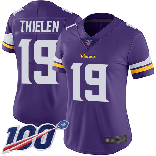 Nike Vikings #19 Adam Thielen Purple Team Color Women's Stitched NFL 100th Season Vapor Limited Jersey