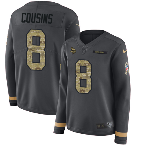 Nike Vikings #8 Kirk Cousins Anthracite Salute to Service Women's Stitched NFL Limited Therma Long Sleeve Jersey