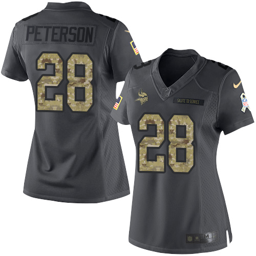 Nike Vikings #28 Adrian Peterson Black Women's Stitched NFL Limited 2016 Salute To Service Jersey