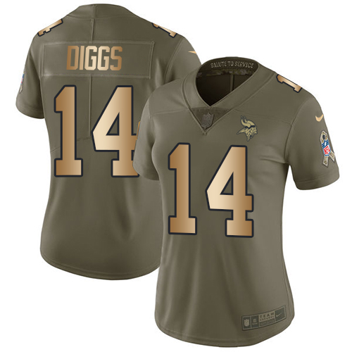 Nike Vikings #14 Stefon Diggs Olive/Gold Women's Stitched NFL Limited 2017 Salute to Service Jersey