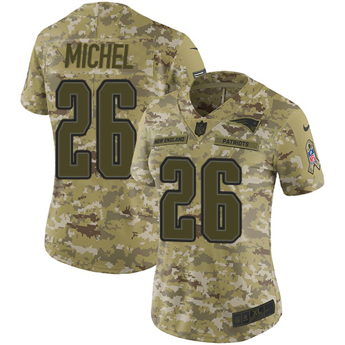 Nike Patriots #26 Sony Michel Camo Women's Stitched NFL Limited 2018 Salute to Service Jersey