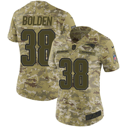 Nike Patriots #38 Brandon Bolden Camo Women's Stitched NFL Limited 2018 Salute to Service Jersey